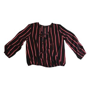 OLM Striped Tie Neck Blouse Long Sleeve Black‎ Red White Women's Medium